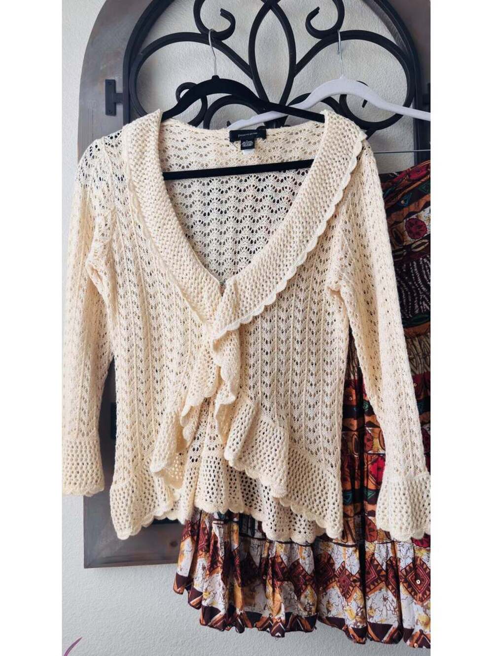 Pointelle Cream Open Knit Linen Blend Ruffle Cardigan Size L